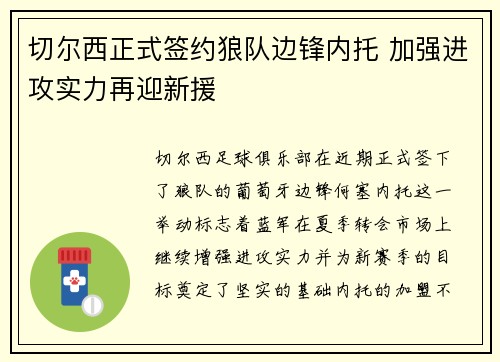 切尔西正式签约狼队边锋内托 加强进攻实力再迎新援